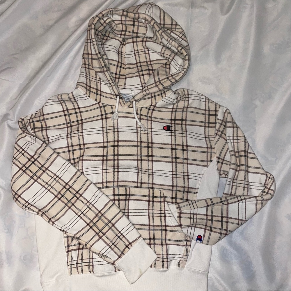 Champion Beige and Black Plaid Hoodie
